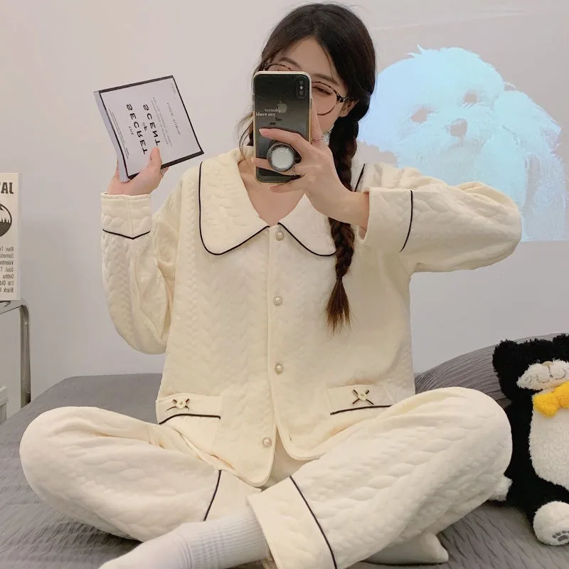 2024 New Air Cotton Pajamas for Women Autumn Winter Sleepwear Pure Cotton Thickened Sandwich Long Sleeved Lounge Set Homewear