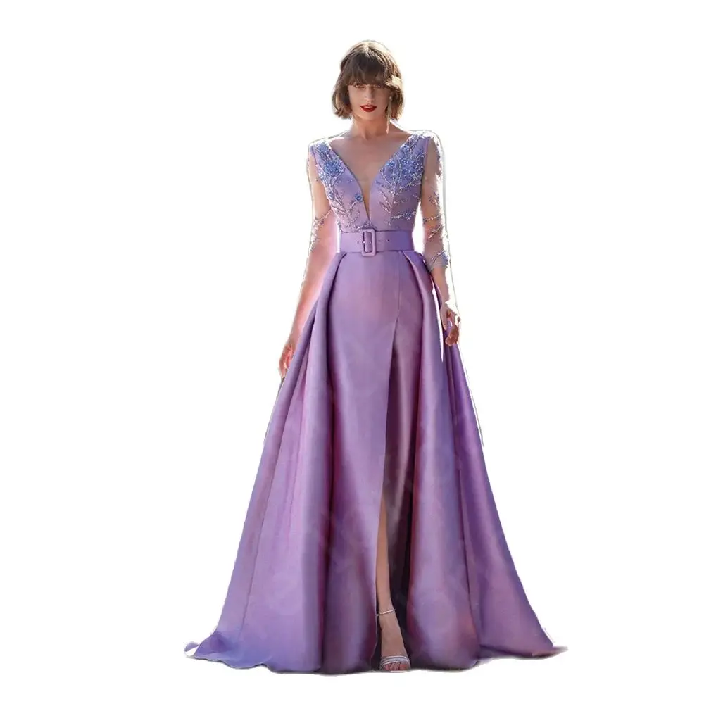 Charming Lilac Mother of the Bride Dress 3/4 Sleeves V Neck Mother Gowns 2024 Beading Front Slit Wedding Party Dress Customized