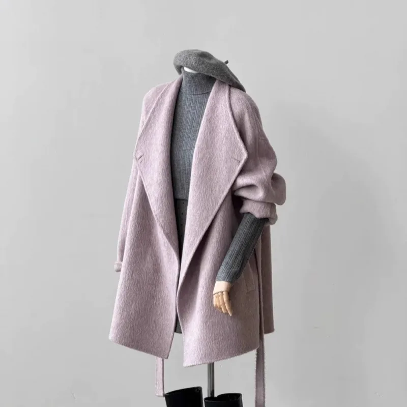 معطف صوفي نسائي عصري فضفاض مناسب برقبة دائرية متعدد الألوان للخريف/الشتاء صوف على الوجهين