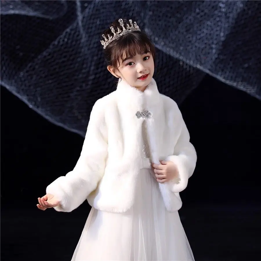 Children Cloak Faux Fur Shawl White Autumn and Winter Flower Girl Dress Performance Costume Long Sleeved Girl Princess Warm Coat