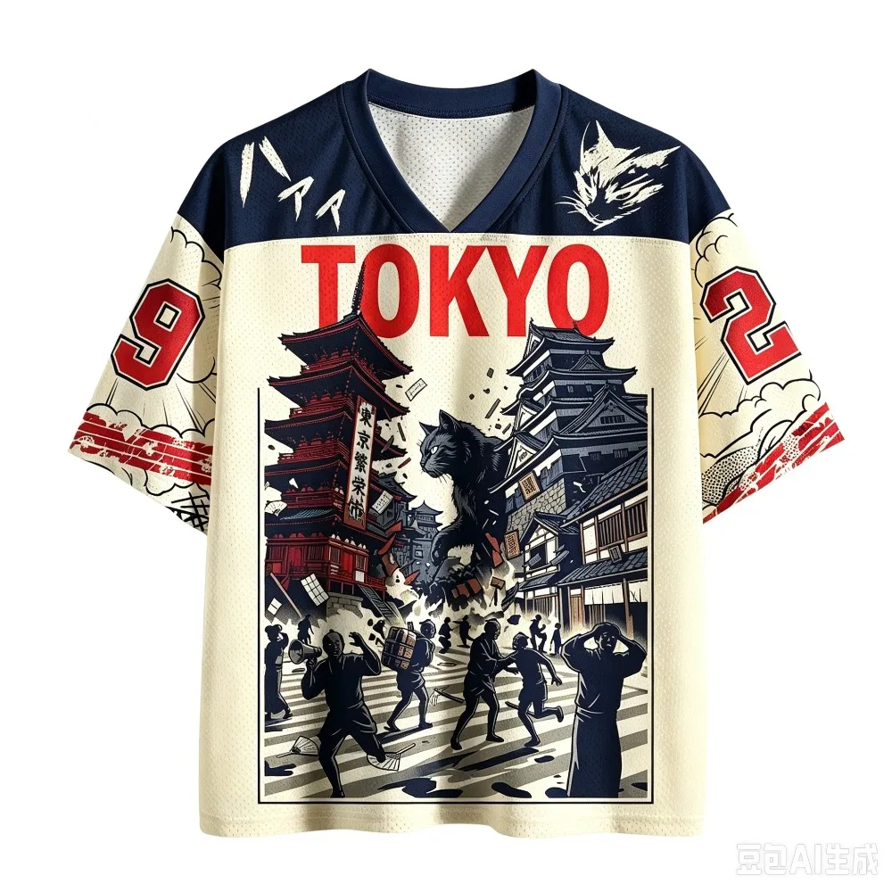 Retro Tokyo Riesige Schwarze Katze 3D-Druck Feuchtigkeitsableitendes V-Ausschnitt T-Shirt für Männer und Frauen, Modische Streetwear für Eltern und Kinder – Detail 4