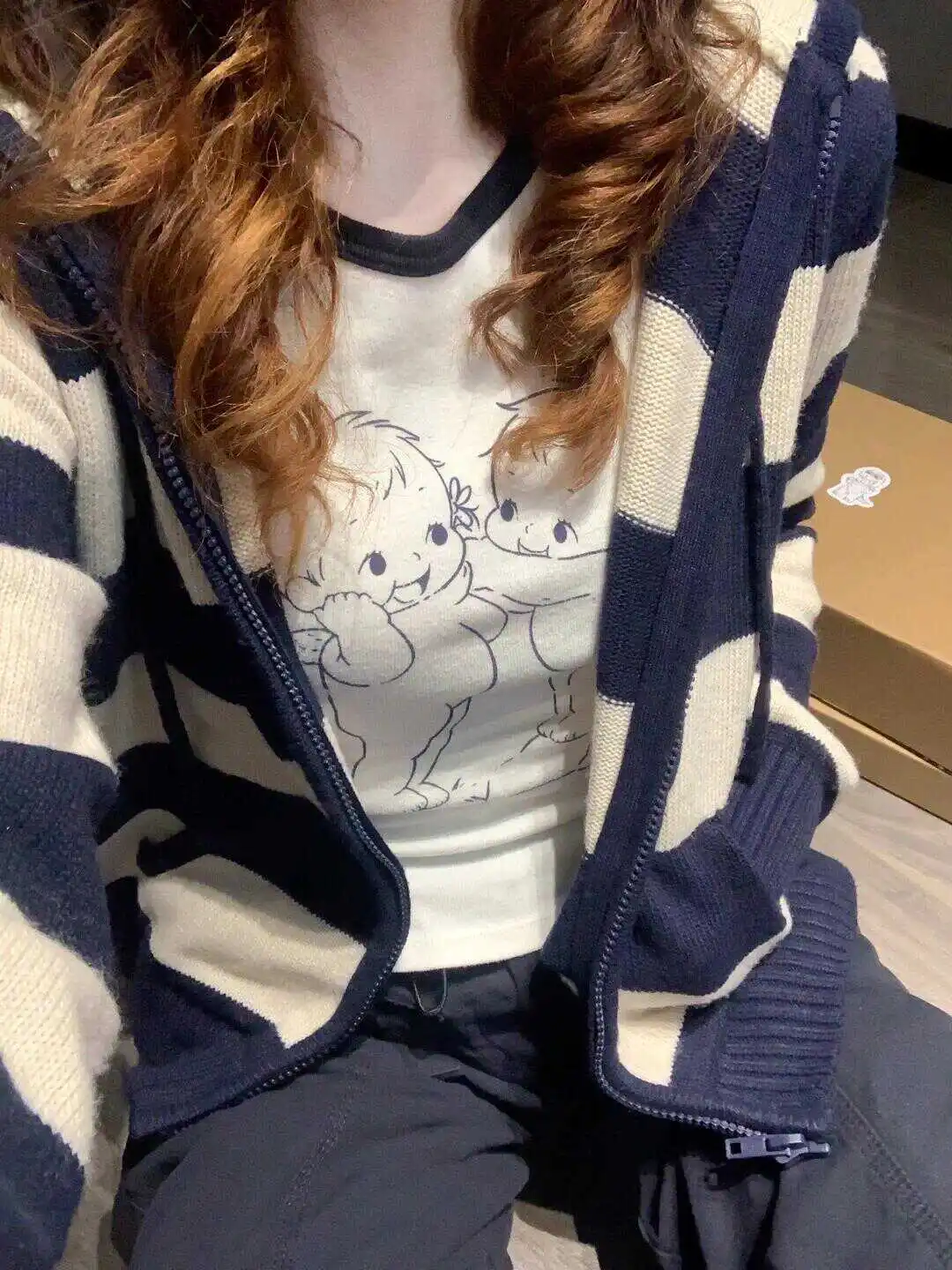 

BM Striped Knitted Cardigan Women's Loose Slim ort Zipper Hooded Sweater Jaet Trendy Cotton Pure Autumn 2024 New Arrival