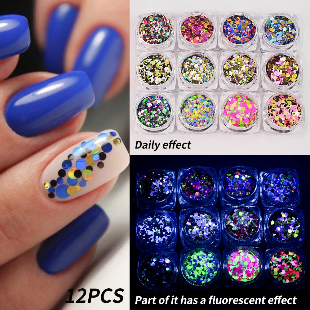 12Pcs Aurora Foil Nail Art Sequins Round/Starlight Shaped Neon Color Nail Art Foils Thin Flakes Nail Charm Glitter Accessories