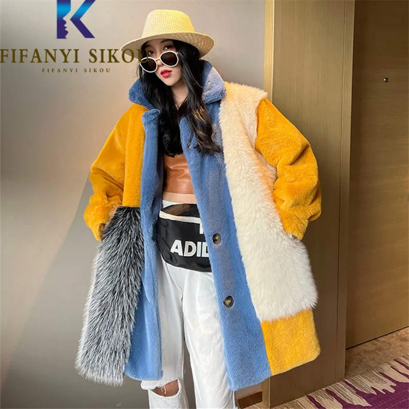 Spliced Faux Fur Jacket Women New 2023 Winter Thickening Warm Plush Coat Patchwork Fashion Lapel Faux Rabbit Fur Coat Female