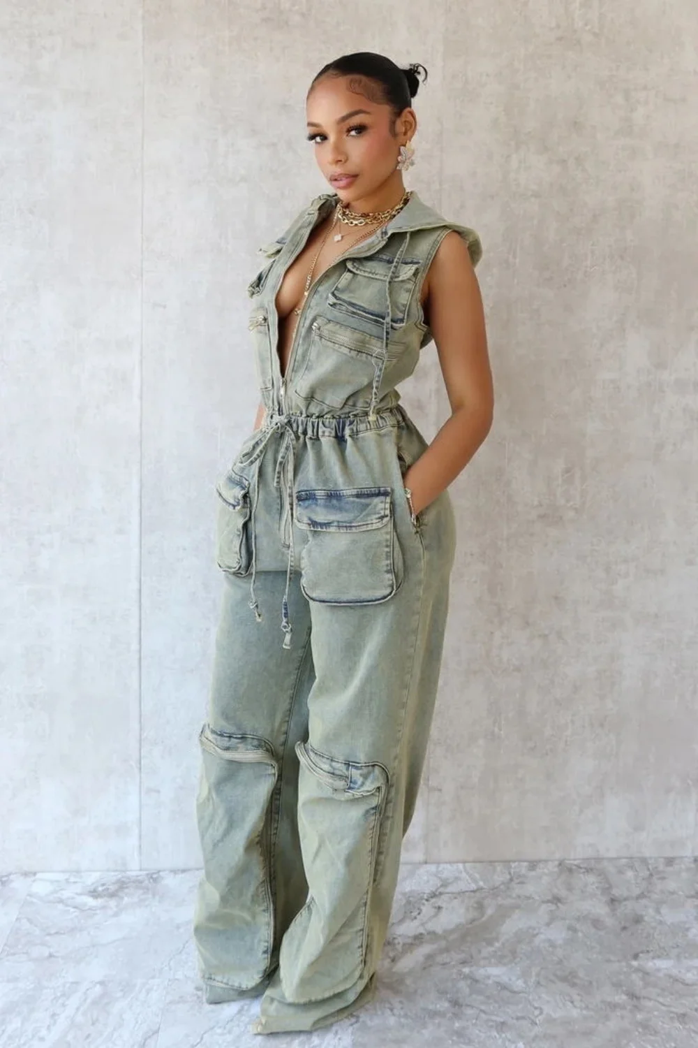 Women'S Jumpsuit Fashion High Waist Pocket Workout Stretch Denim Sleeveles Hooded Jumpsuits Casual Wide Leg Cargo Jeans Jumpsuit