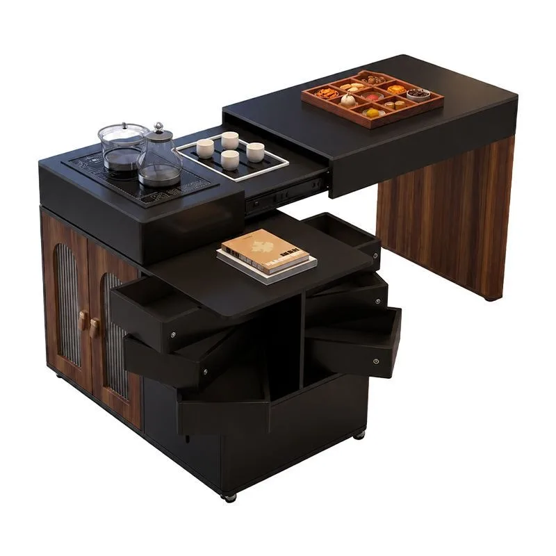Ebony movable retractable rotating tea table, simple modern balcony with kettle integrated household rock slab tea table