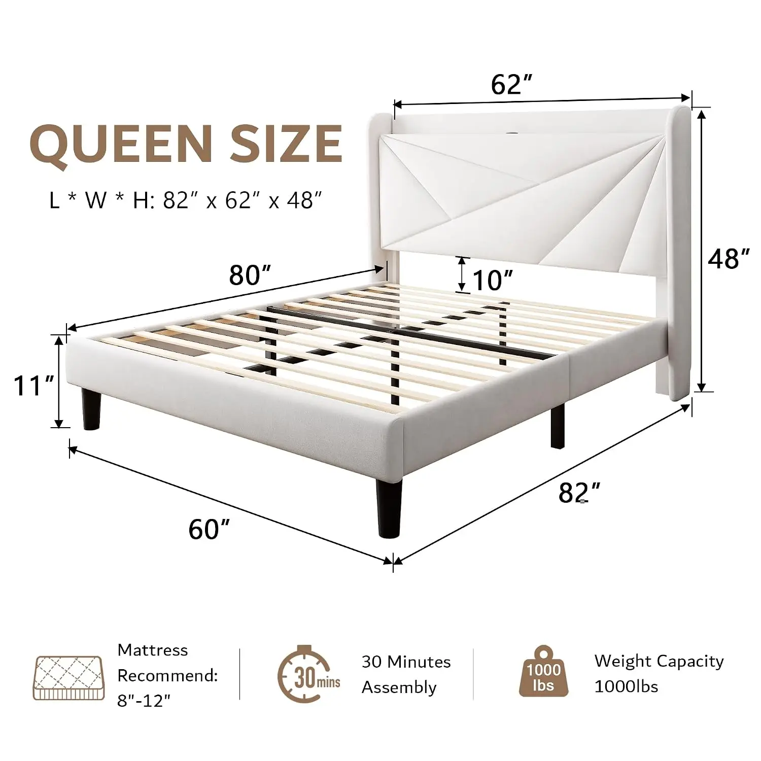 Queen Platform Bed Frame with Wingback Headboard & USB Charging Station, Wood Slats, No Box Spring, Easy Assembly, Customized