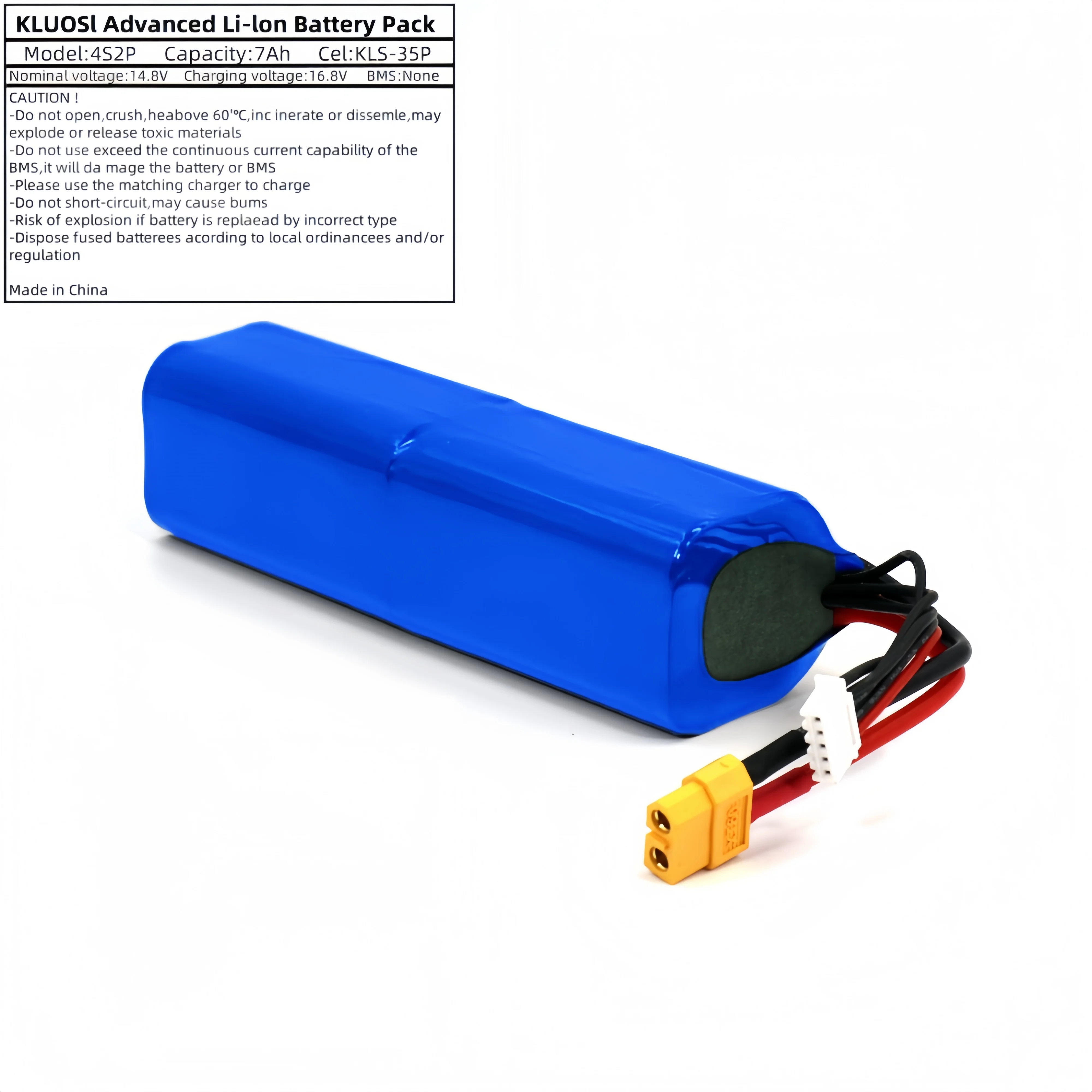 Kluosi 16.8V بطارية ليثيوم أيون 14.8V 7Ah 4S2P قدرة عالية بدون طيار قابلة للشحن لمختلف RC طائرة بدون طيار رباعية الدوار XH2.54-5P XT60