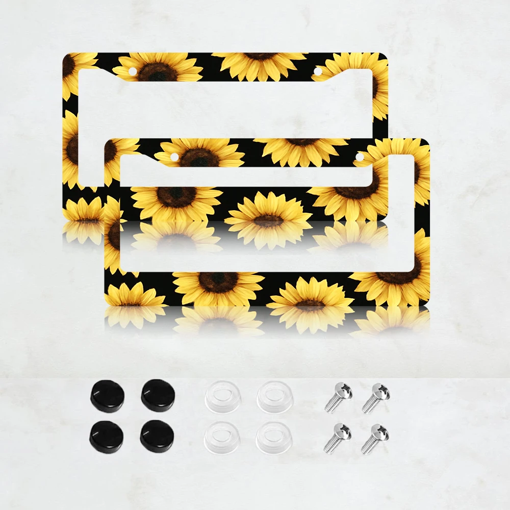 

2PC 2-Hole License Plate Frame, Black with Sunflower Design, Aluminum, 6x12 Inches, Includes Screws, Retro Novelty Car Decor