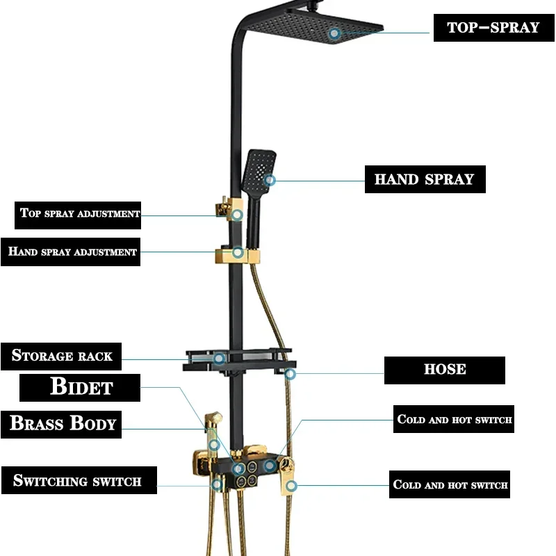 Tombol Shower Set kamar mandi, sistem termostat 4 tombol tampilan Digital hitam dan emas kuningan terpasang di dinding