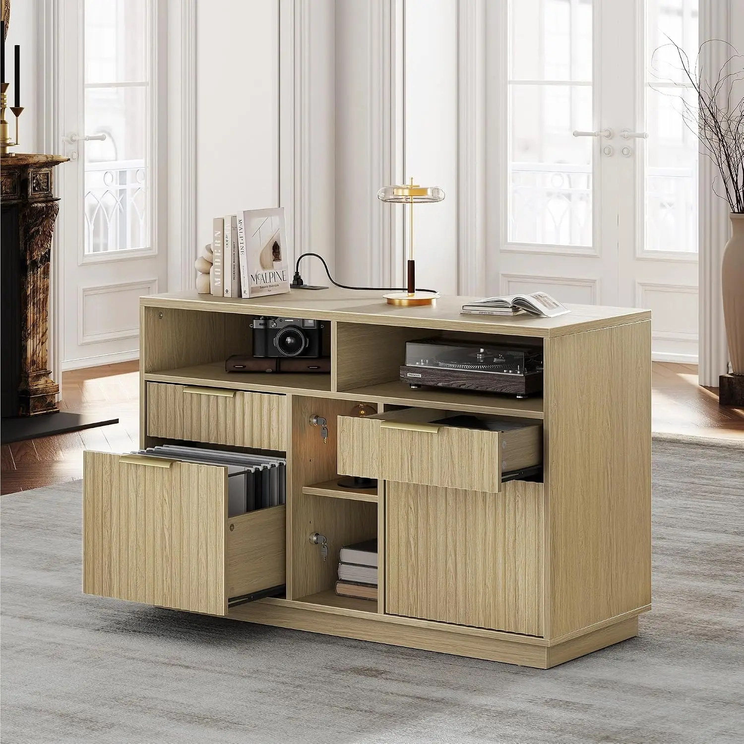 4-Drawer Fluted Lateral File Cabinet with Lock & Charging Station, Open Shelf for Letter/A4 Files, Home Office, Customized