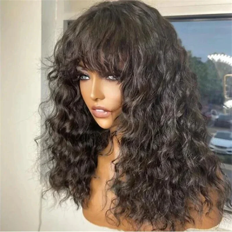 

Soft Black 26 Inch Long Kinky Curly Machine Wig With Bangs For Black Women Heat Resistant BabyHair Glueless PrepluckedDaily