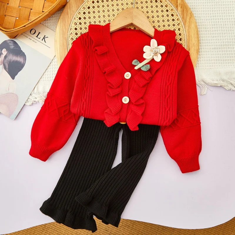 

Children's Set New Autumn Winter Girls Sweater Cardigan Doll Collar Knitted Long Sleeve Jacket Casual Pants Two-Piece Set
