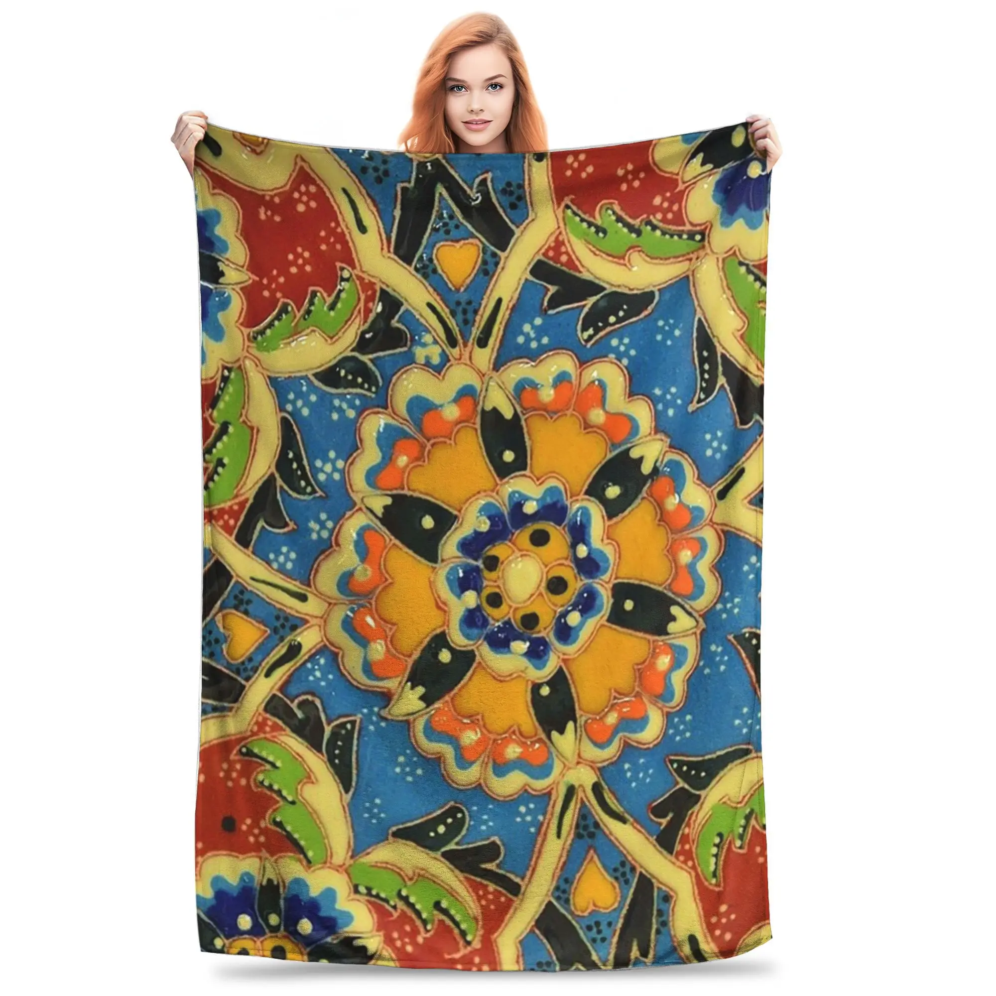 

Flannel Throw Blanket Abstract Vibrant Oriental Japanese Floral Tile Pattern Colorful Geometrical Flowers Blankets for Bed Room