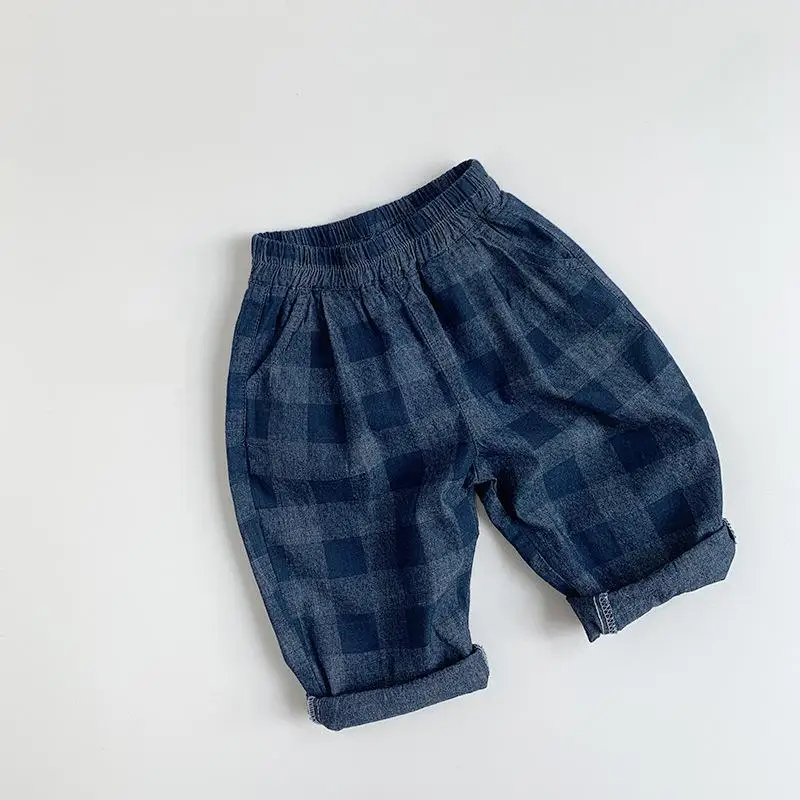 

2025 Spring New Children Denim Trousers Fashion Versatile Boys Harem Pants Baby Girls Casual Plaid Pants Kids Loose Jeans