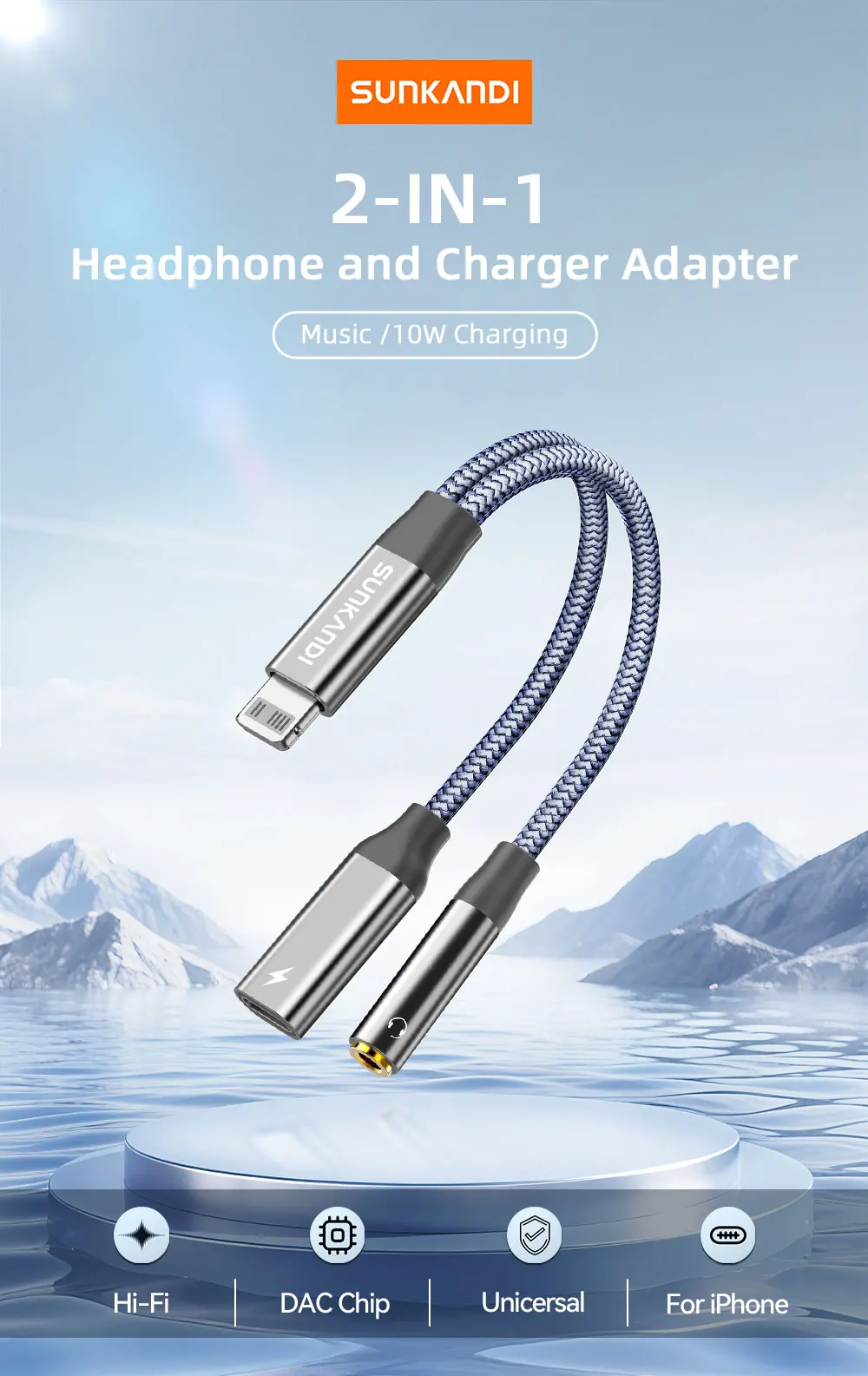SUNKANDI 2 in 1 Dongle Adapter, Lightning to 3.5mm Headphone and Lightning to Dual Lightning Audio and Charging Ports Splitter