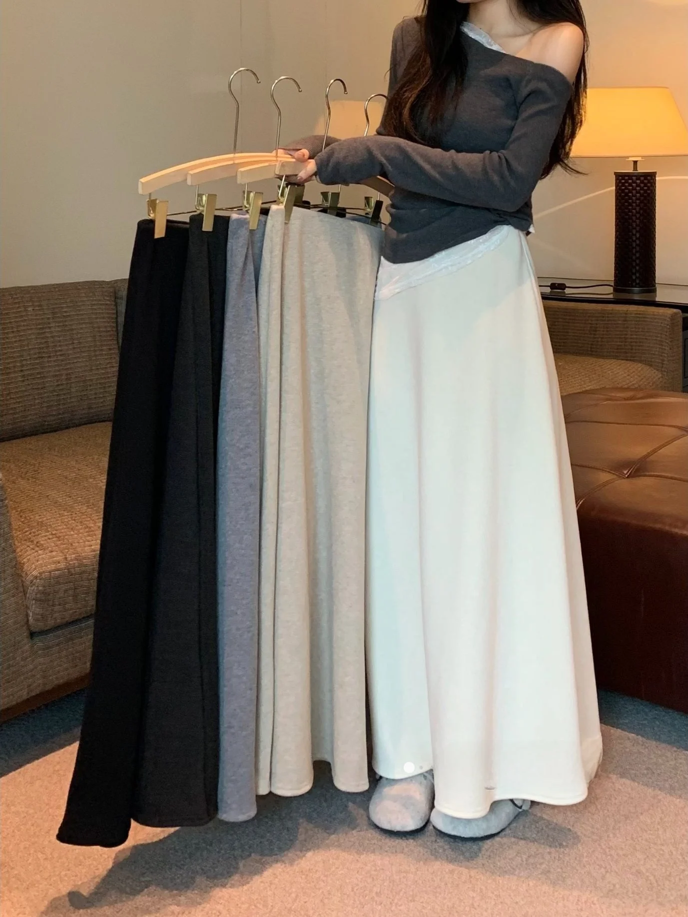 

Warm Fce High Waist Elastic Waist Thiened A-Line Skirt Women's Gentle Sle f-length Winter Skirt Versatile Long Dr