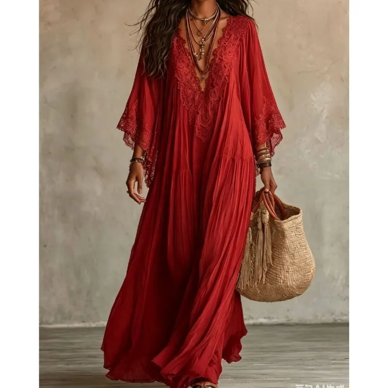 Vintage Solid Lace Maxi Dresses New Women Boho Deep V Neck Wide Flared Sleeve Folds Loose Tiered Elegant Holiday Travel Dresses view 3