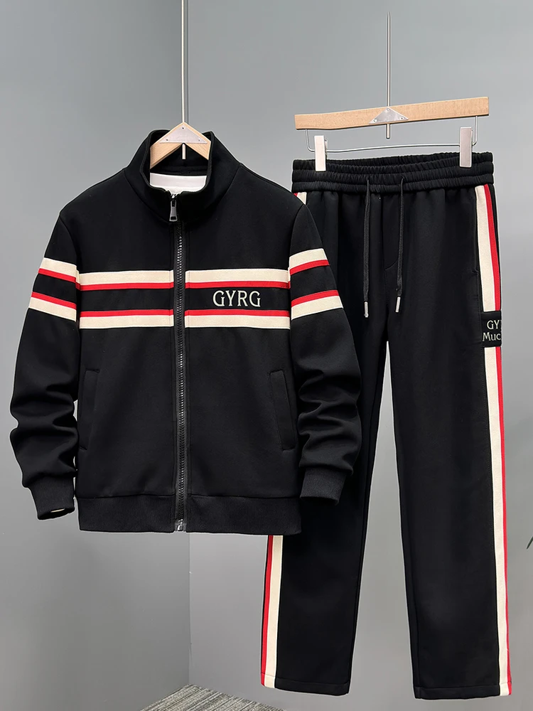 

plus Size Men's Casual Sportswear Set Autumn Long Sve Stand Collar Open Cardigan Sweatirt Jaet And Pants Two Piece Set