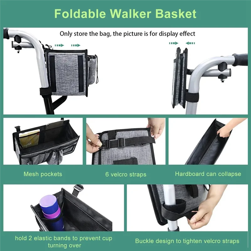 Basket for Walker Ravmix Walker Accessories Bag with Cup Holder Walker Basket for Folding Walker Hands-Free Storage Bag