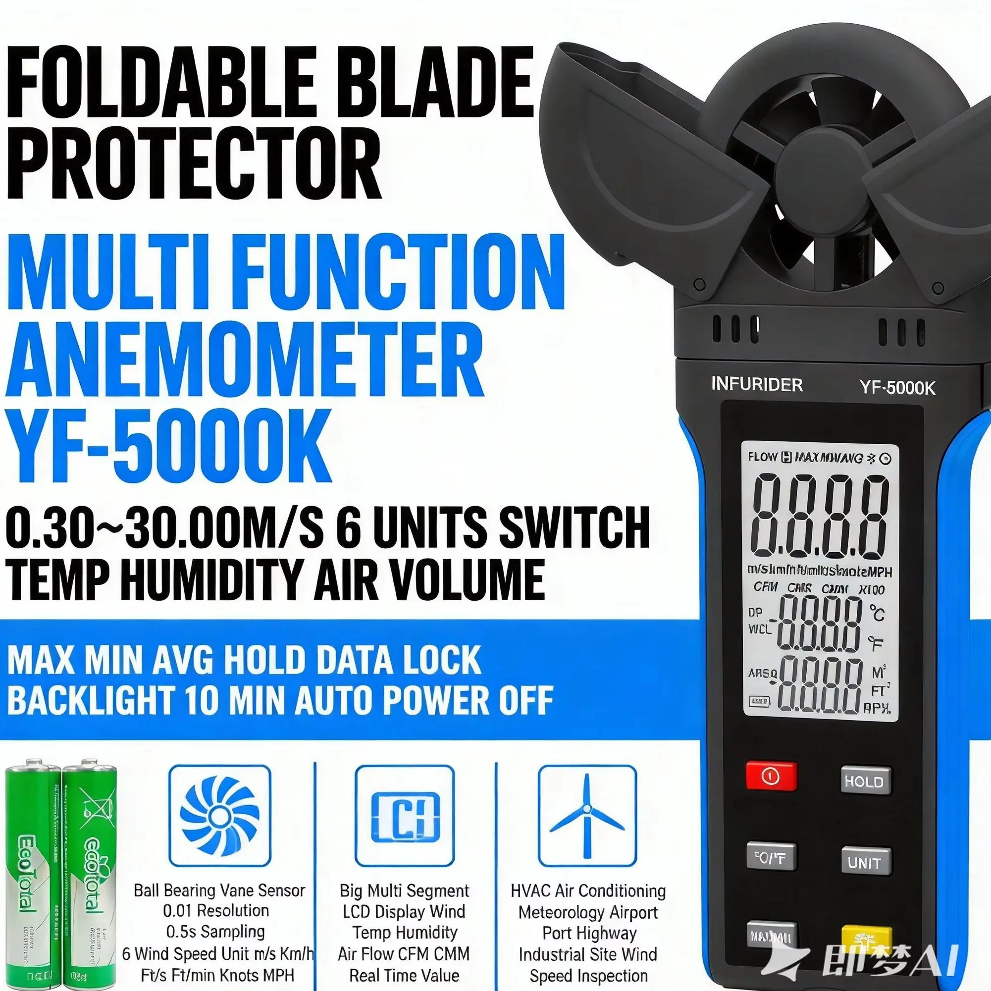 Digital Anemometer Wind Speed Meter Temp Humidity MAX/MIN/AVG Data Hold Backlight 2 AAA Holdpeak 5000K