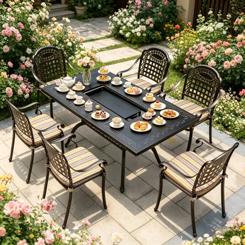 Rectangular Cast Aluminum Outdoor BBQ Table Set with Chairs Garden Patio Grill Dining Furniture Dual Purpose