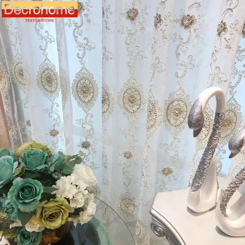 European-Style Embroidery White Tulle Curtains for Living Room Bedroom Window Balcony Bay Lace Pearl Embossed Curtains Customize