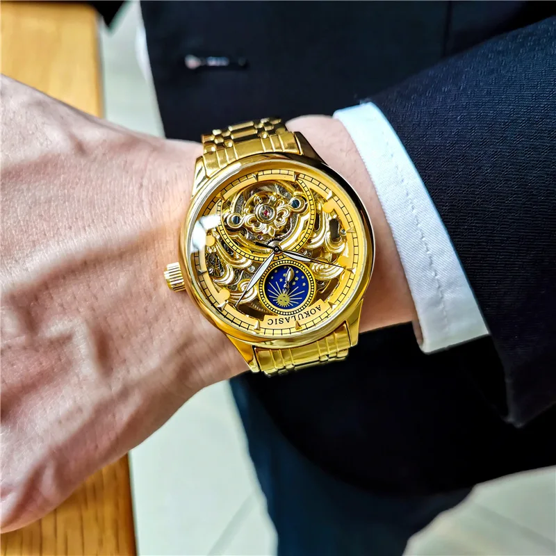 Stainless Steel New Full Skeleton Moonphase Luminous Waterproof Tourbillon Self-Wind Automatic Watch for Men