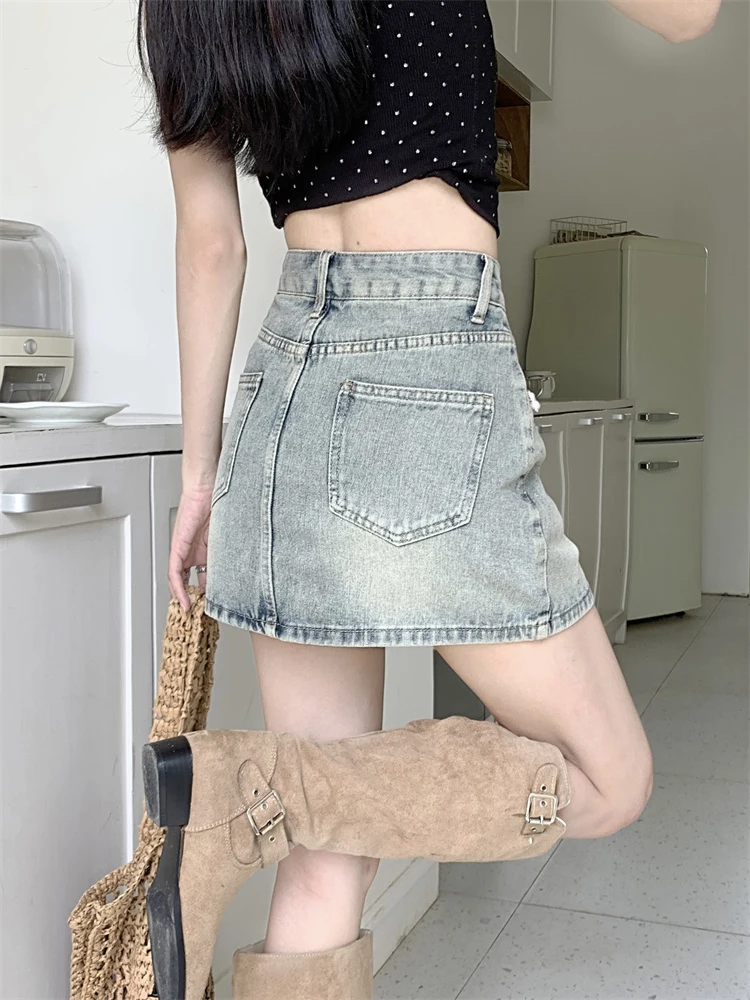 Saia de Denim Pesadamente Decorada para Mulheres, Cintura Alta, Corte em A, Saia Casual com Diamantes, Ajuste Casual para o Verão 2025