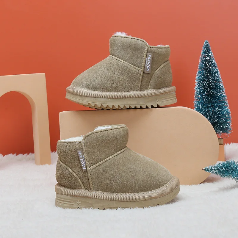 2023 New Winter Baby Snow Boots Leather Warm Plush Infant Shoes Zip Side Soft Sole Fashion Toddler Boys Girls Boots 15-25