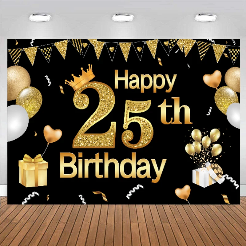 25th Backdrop 25 Birthday Decoration Black and Gold Twenty-Five Years Old Women Man Celebrations Anniversary Photo Background