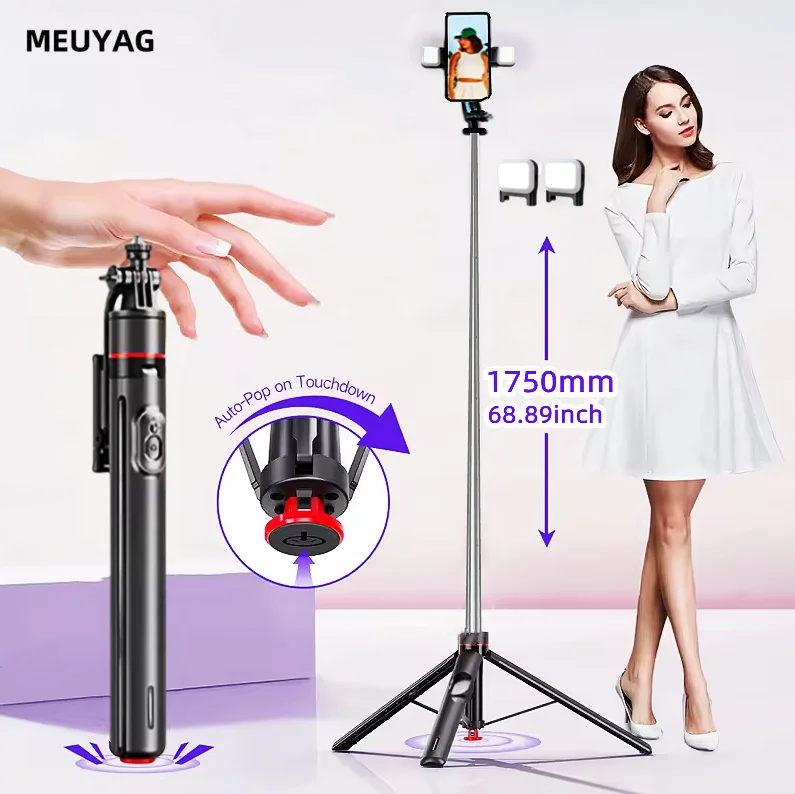 MEUYAG 1750 мм беспроводная Bluetooth-палка для селфи для съемки мобильного телефона с магнитным дистанционным штативом с автоматической открытой дополнительной подсветкой