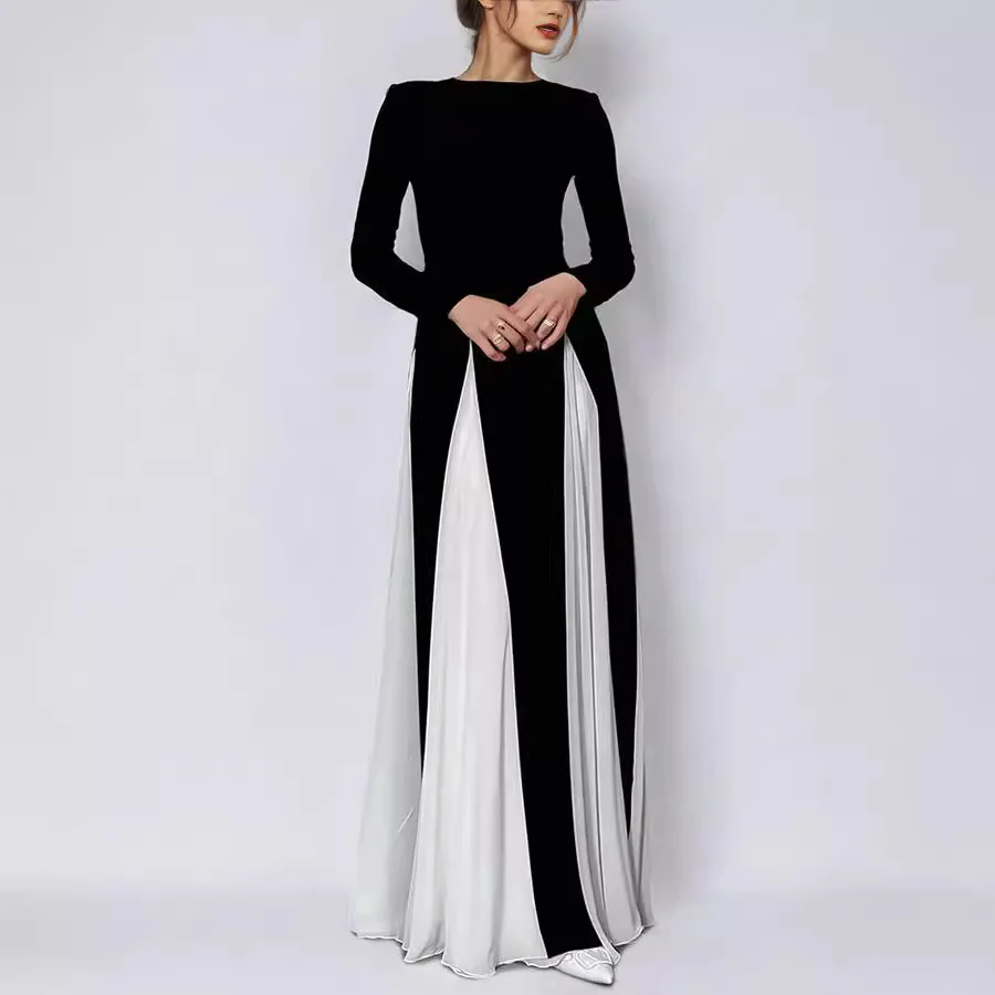 Elegant Black White Patchwork Maxi Dresses Women Fashion O-neck Long Sleeves Slim Dress New Female Evening Party Robes