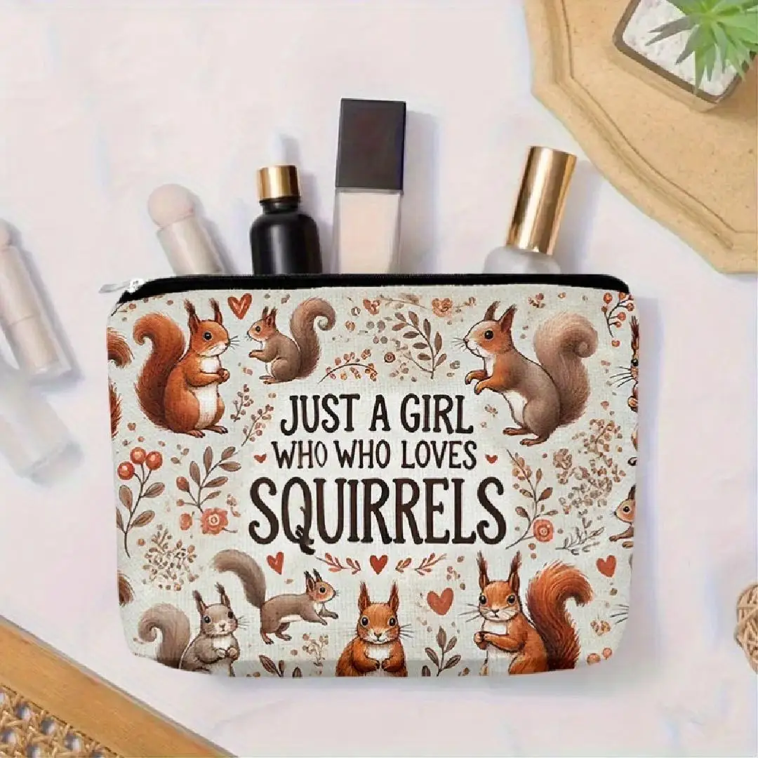 Un sac de maquillage illustré écureuil – Jolie pochette multifonctionnelle à fermeture éclair pour femmes, sac de rangement de bijoux