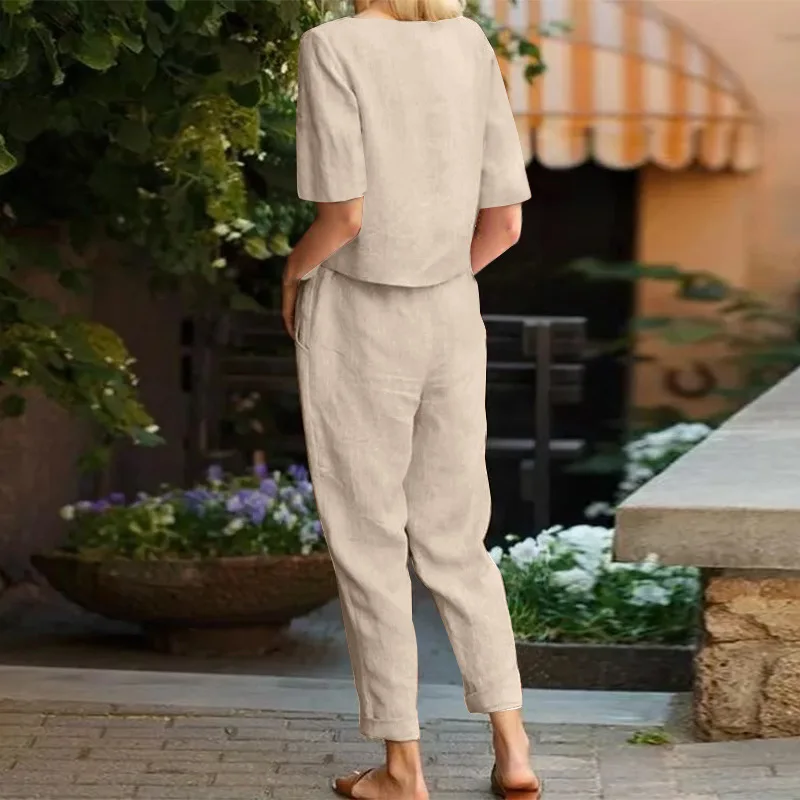 Women\'s Cotton Linen Suit Summer Matching Suit Half-sleeved Round Neck Tie Elastic Waist Trousers Wide-leg Pants Retro Suit