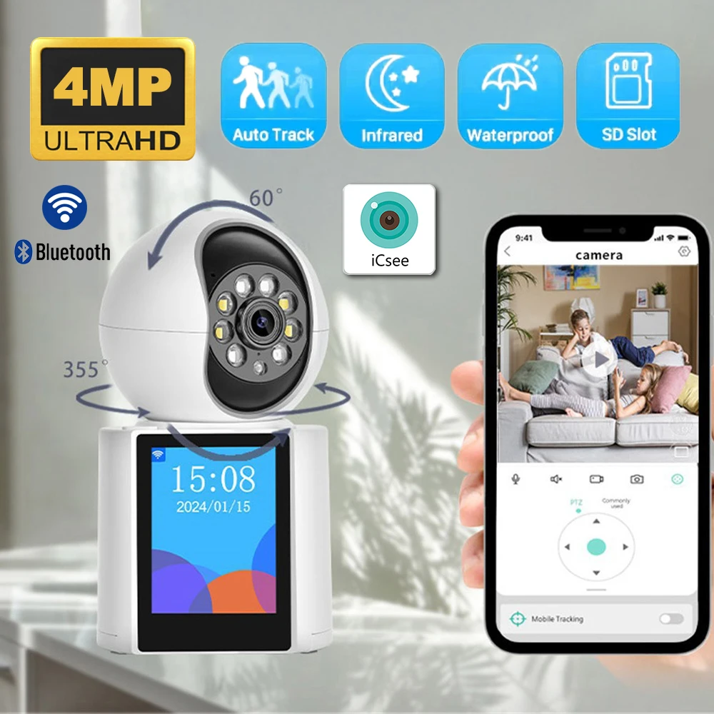 4MP WIFI Indoor Camera Auto Tracking ICSEE Security Protection 2.8 Inch Screen Button Call PTZ Video Call Camera Baby Monitor