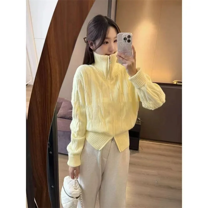 Moda coreana, suéter corto con doble cremallera y cuello alto, cárdigan para mujer, Otoño Invierno, nuevo abrigo de punto, chaqueta para mujer