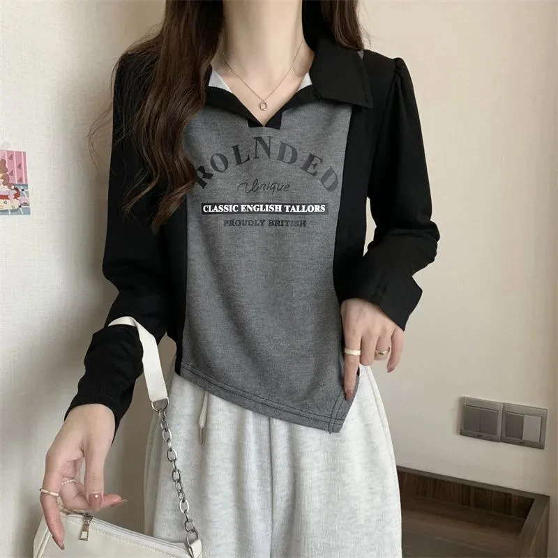 

Yasuk Autumn Winter Fashion Casual Lapel Pullover Women's Loose Tees Retro Simple Preppy Style School Student Sporty