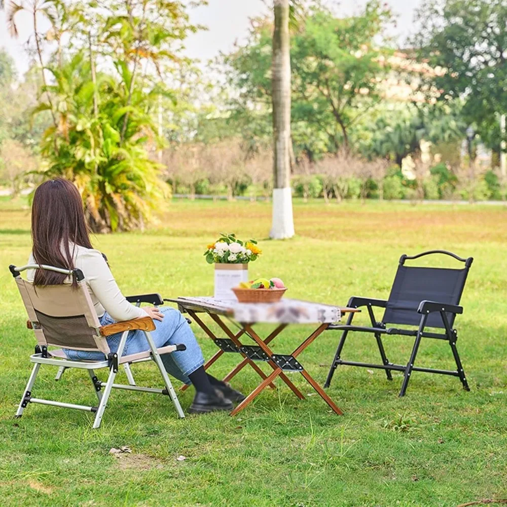 Conjunto de 2 cadeiras dobráveis ao ar livre, cadeiras portáteis de metal para praia e acampamento com tecido respirável para uso no pátio