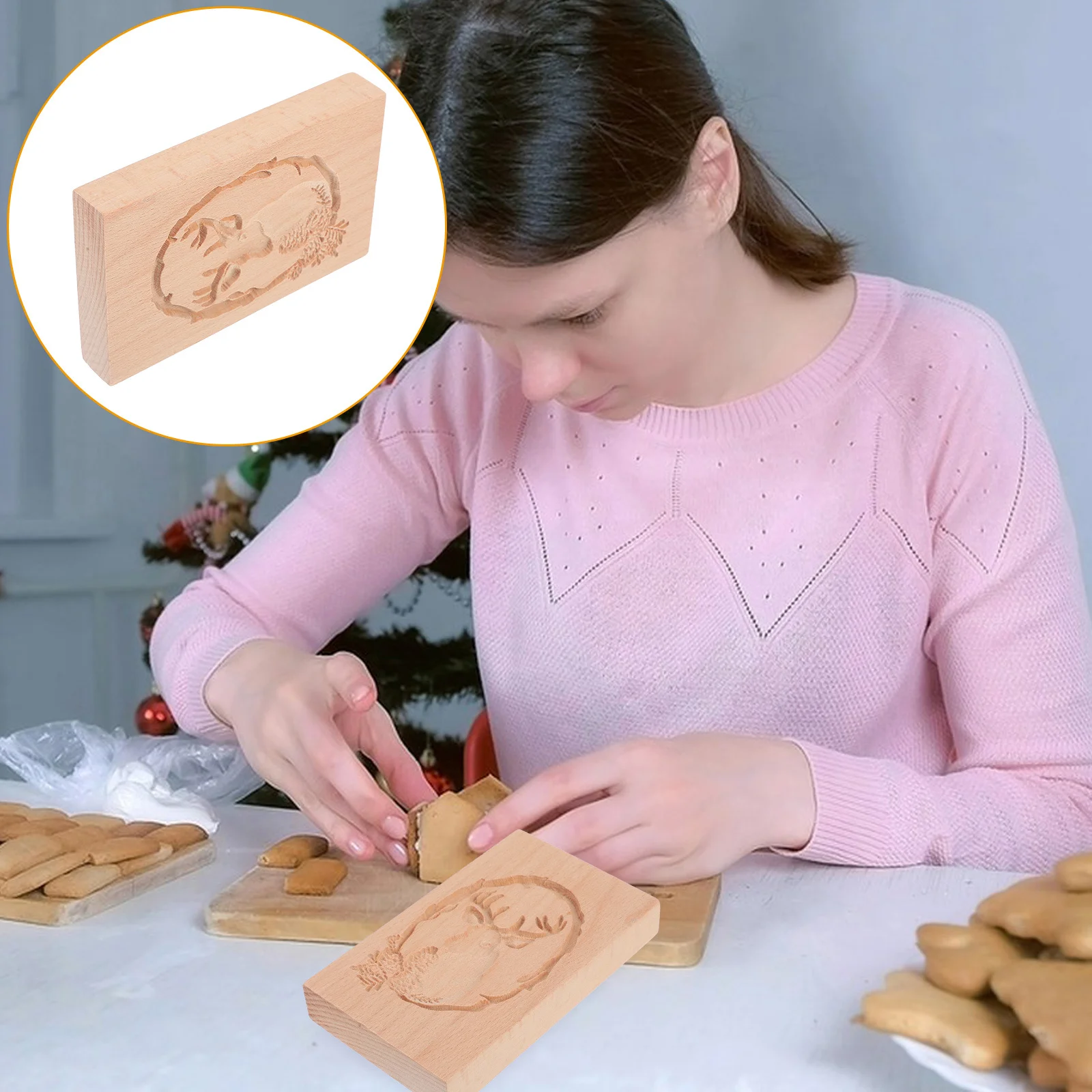 

Wooden Cookie Mold Carved Reindeer Shape Lightweight Baking Press Stamp Multi-Purpose Biscuit Mold for Cookies Bread Clay