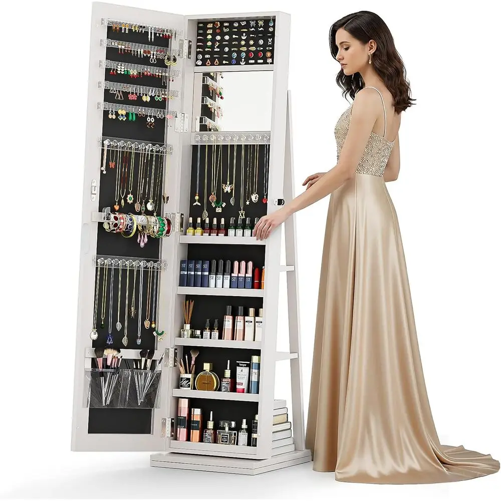 4-in-1 Swivel Jewelry Armoire with Full-Length Mirror, 360° Lockable Cabinet, 3 Shelves, and Vanity Mirror, White