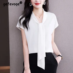 Women Korean Fashion Bow Lace Up Silk Blouse Office Lady Elegant Business Casual Shirt Solid Short Sleeve Slim Tops Blusas Mujer