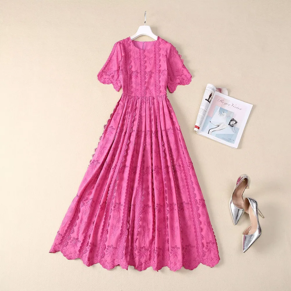 

European and American women's clothing new summer Round neck Short sleeve rose embroidery Fashion pleated dress XXL