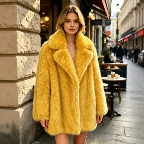 New Fall and Winter Faux Fur Coat, Mid-Length, Loose Fit with Large Lapel, Thick Faux Fox Fur Jacket