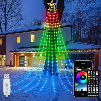 9x3m inteligente app controlado luz de decoração de natal com estrela topper 305 diy cachoeira árvore sincelo luz para decoração ao ar livre