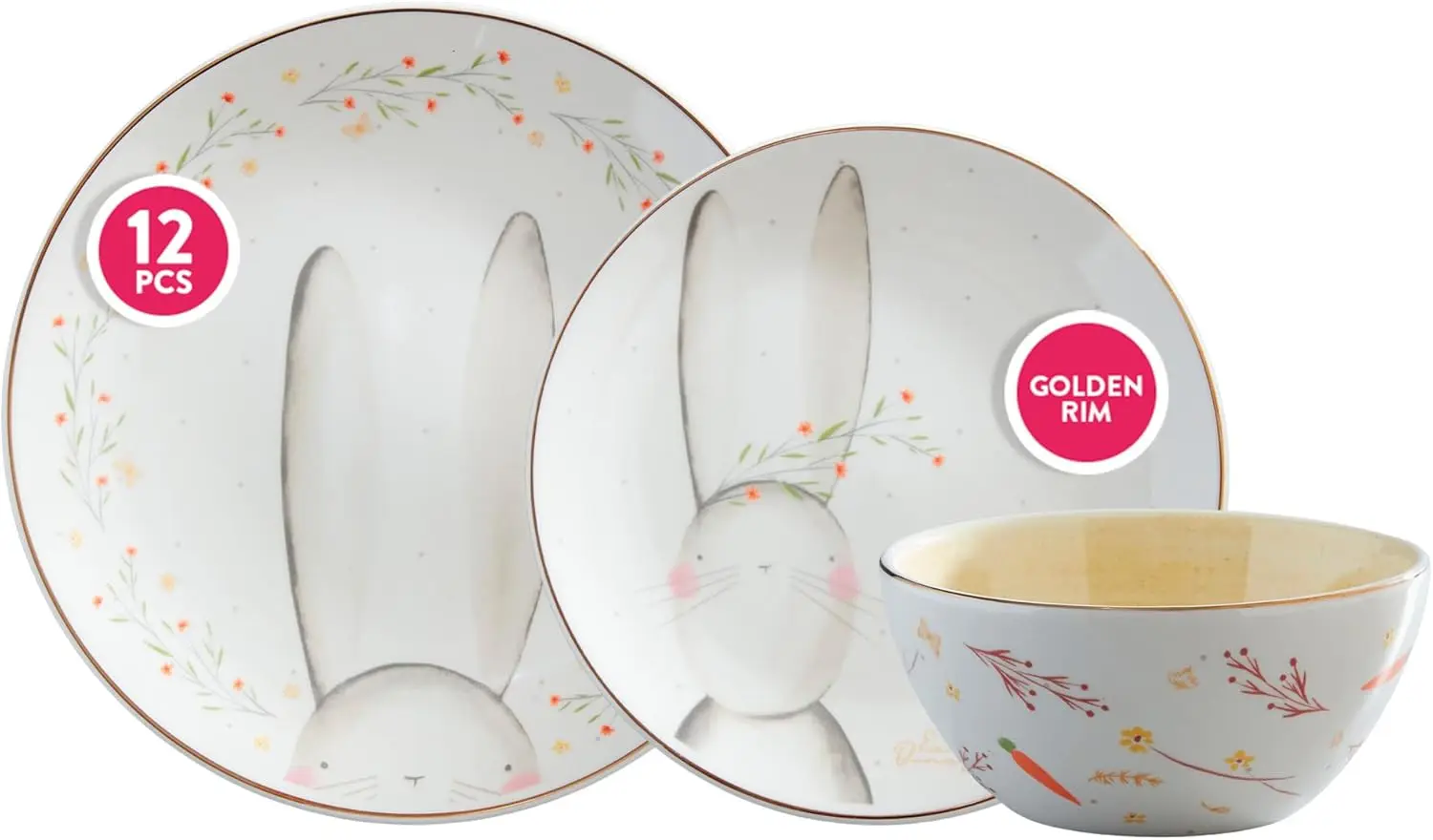 

12-piece Delicate Pastel Shades Aestethic Ceramic Dinnerware Sets | Plates and Bowls | Service For 4 | Blossom Bunny