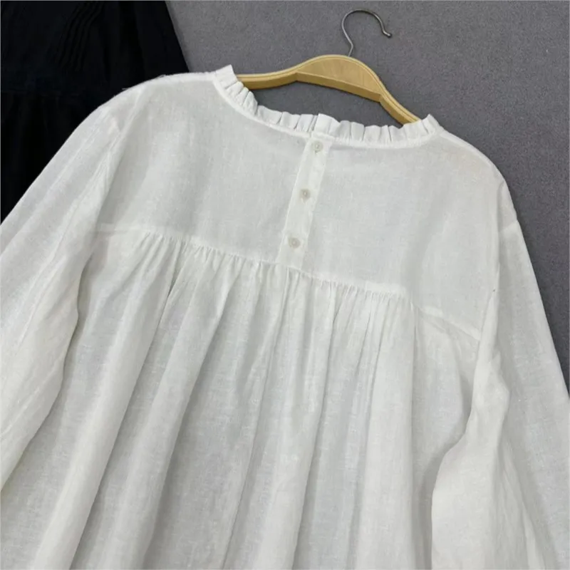 Johnature Japanese Women 2024 New Forest Dress Vintage Accordion Pleated Lace Loose Simple Solid Color Autumn Women Dresses