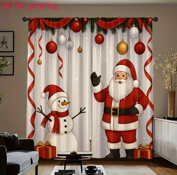 2pcs Christmas Curtains Featuring Santa Claus And Snowmen, Vibrant Colors Create a Joyful Atmosphere, Perfect for Holiday Decor