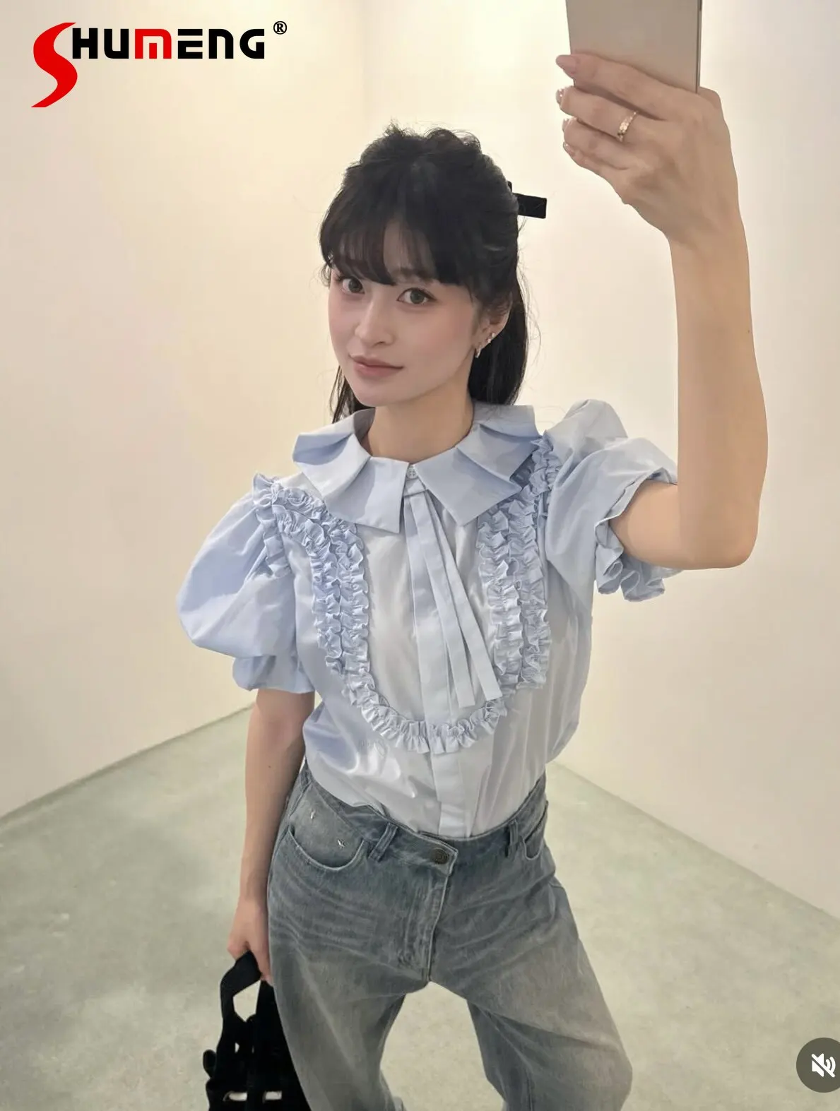 

Summer New Women's Blue Short Sleeve Shirt 2026 Japanese Ladies Sweet Elegant Casual Blouses Ruffled Collar Bubble Sleeve Top