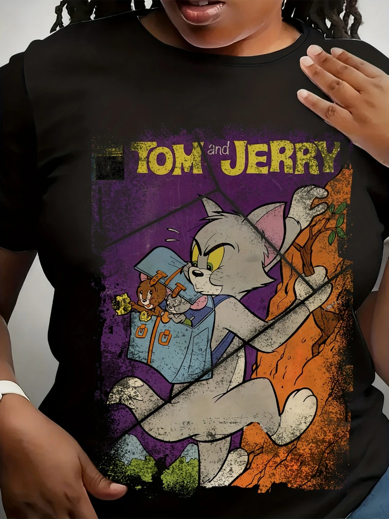 تي شيرت نسائي صيفي كبير الحجم من Tom & Jerry لعام 2025 برسومات كرتونية فاخرة راقية لكل من الرجال والنساء